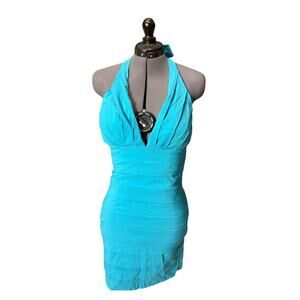 Vintage Y2K Body Central Halter Bodycon Dress Blue Turquoise Size Small
